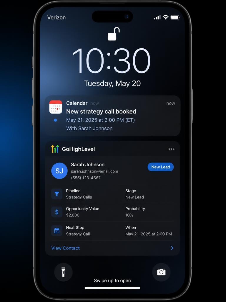 Phone showing a new appointment booked notification and a CRM lead card